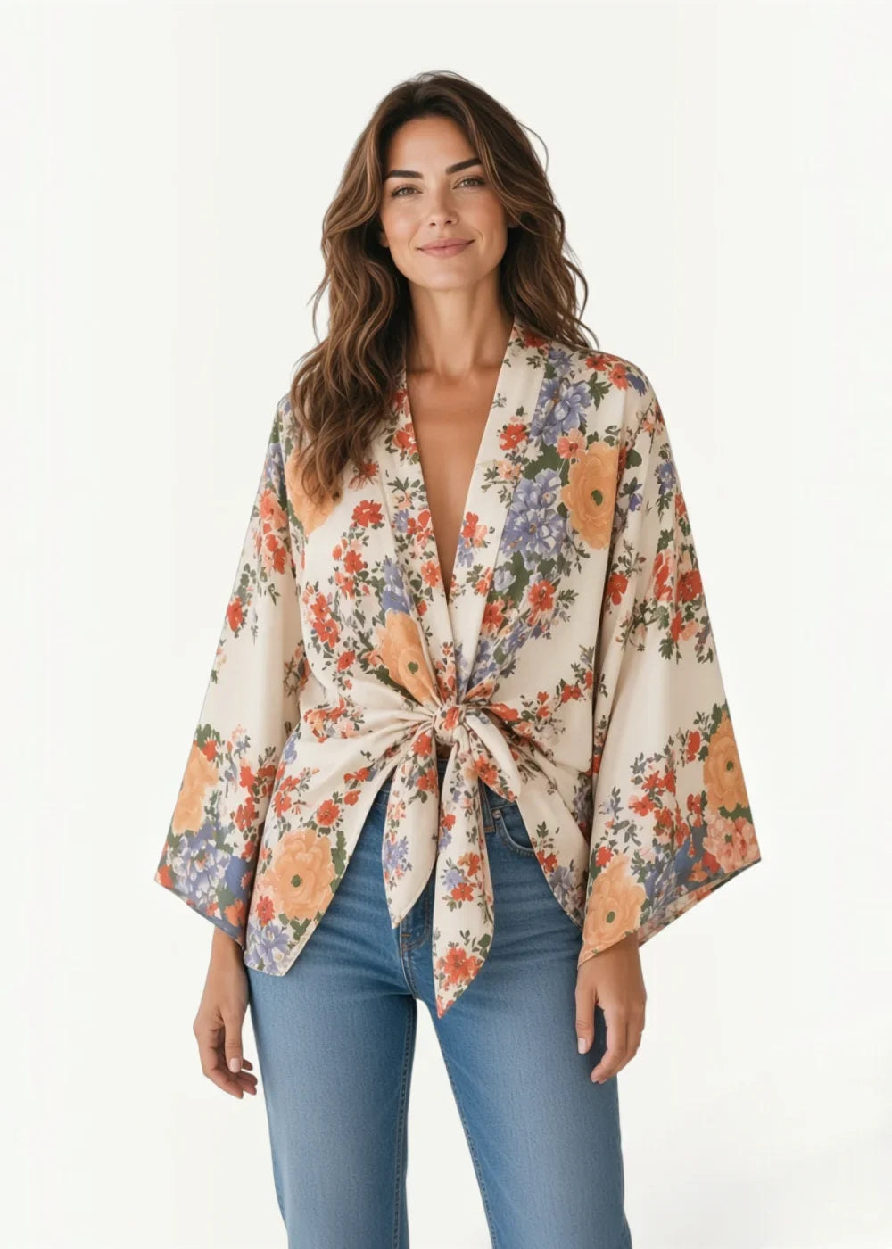 White kimono cover up featuring a flowing off-white floral fabric with wide sleeves and a tied waistband