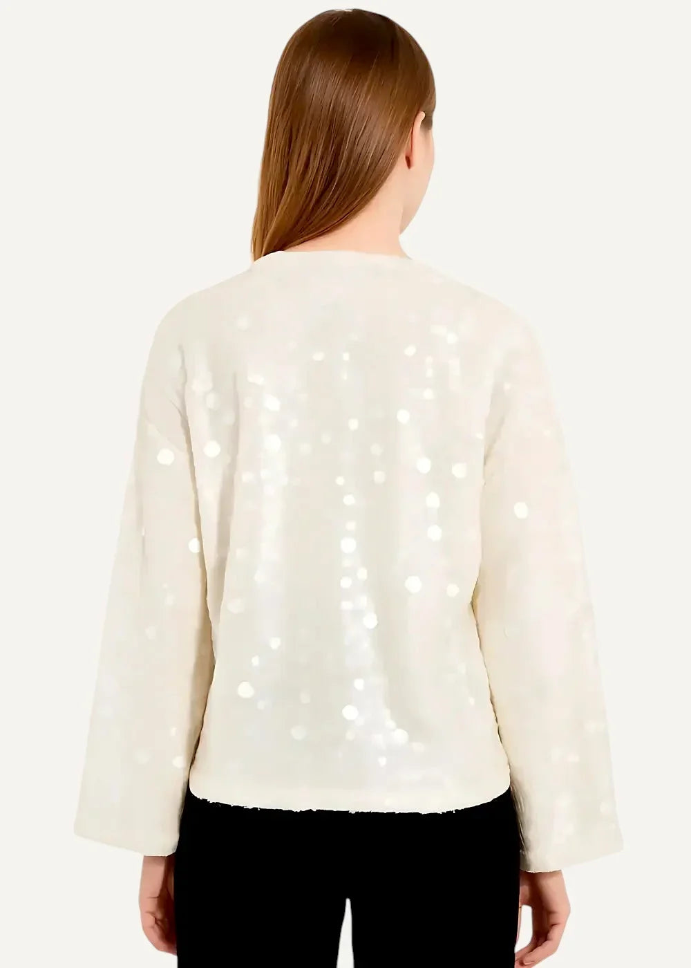Cream-colored fuzzy knit white kimono jacket showing back side with scattered white sequins across the fabric