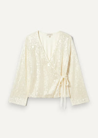 White kimono jacket cream-colored sequined wrap top with long sleeves and tied waist for elegant layering
