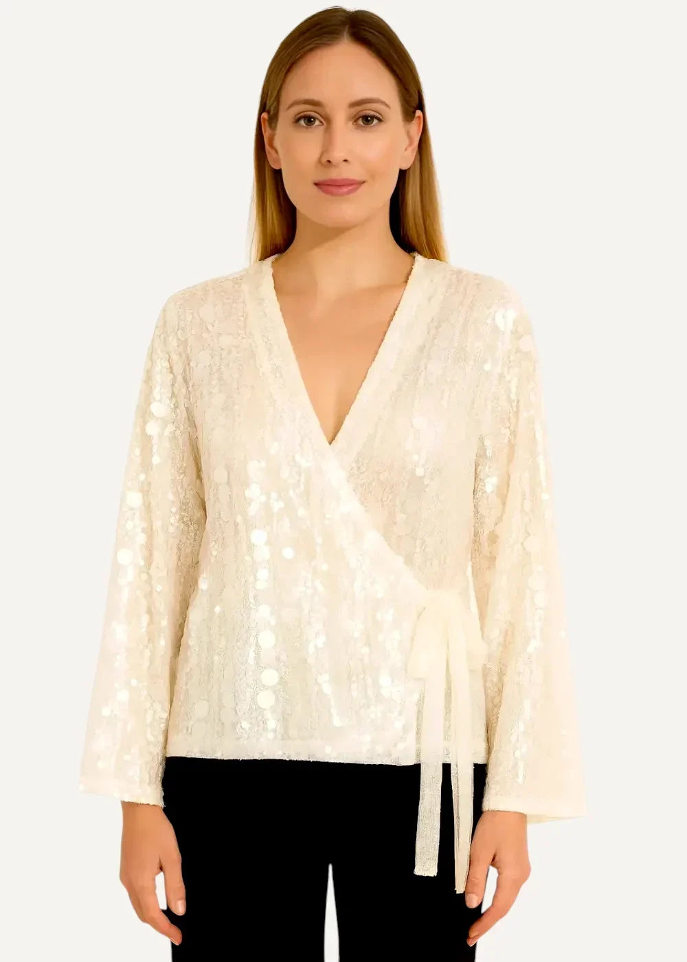 White kimono jacket featuring a delicate ivory lace wrap blouse with subtle sequin detailing and a v neckline