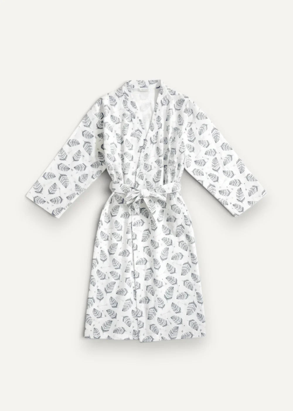 White kimono men robe with gray leaf pattern long sleeves and tied waist for comfortable wear