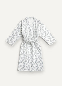 White kimono men robe with gray leaf pattern long sleeves and tied waist for comfortable wear