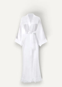 White kimono robe in satin with a matching belt and delicate lace trim at the hem