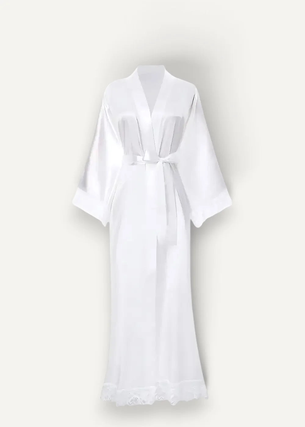 White kimono robe in satin with a matching belt and delicate lace trim at the hem