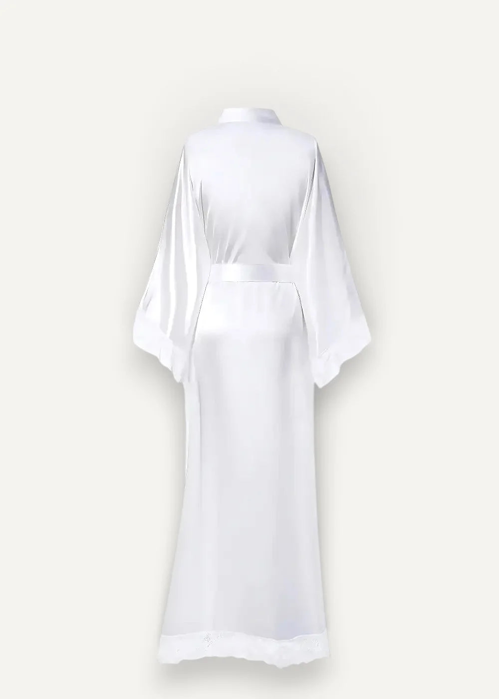 A sleek white satin white kimono robe with high collar wide sleeves and matching belt for elegant loungewear