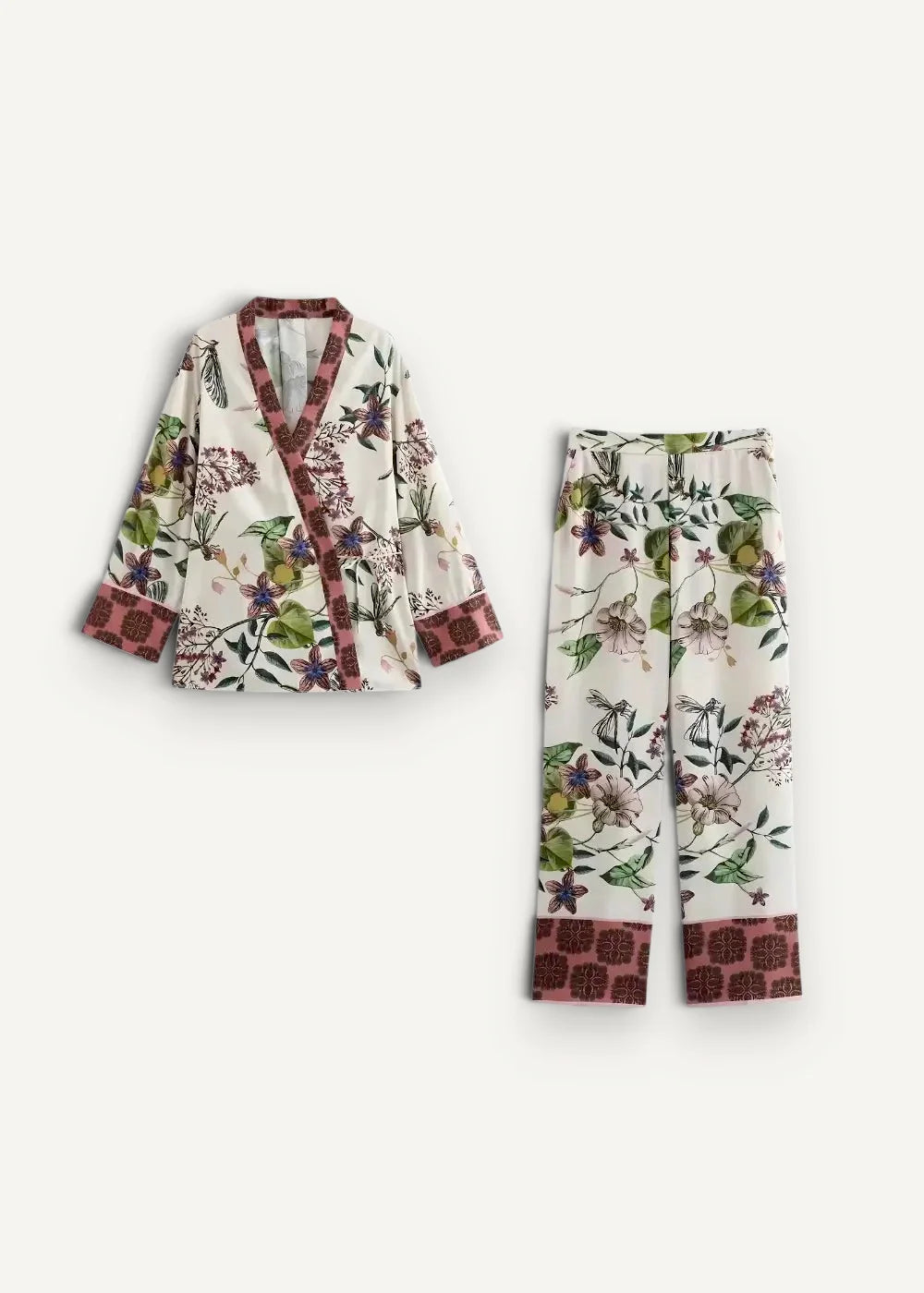 White kimono set cream-colored pajama with botanical print green leaves purple flowers and burgundy trim detailing
