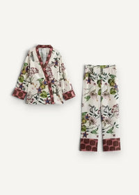 White kimono set cream-colored pajama with botanical print green leaves purple flowers and burgundy trim detailing