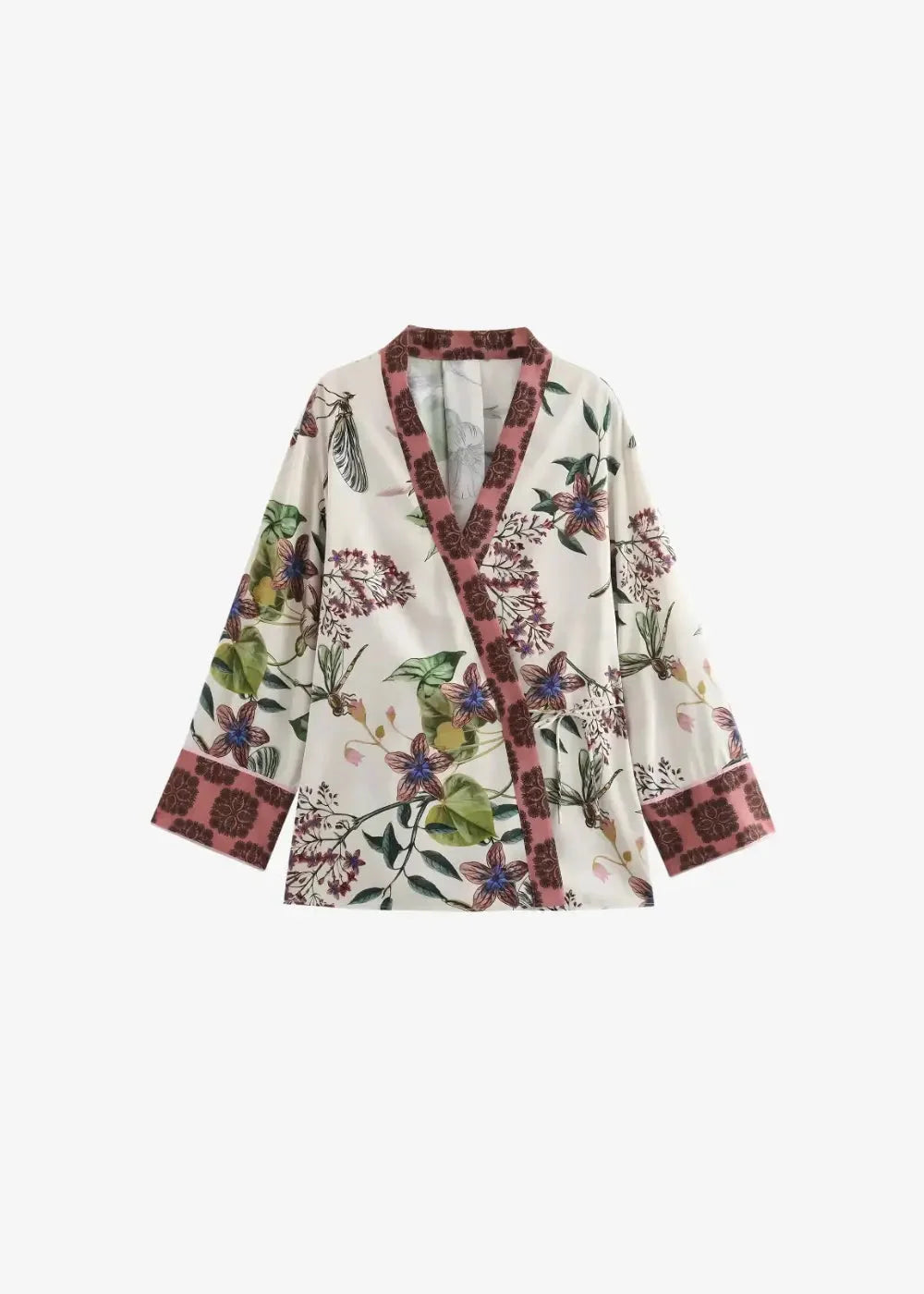 Delicate cream silk white kimono set with vibrant purple flowers, green leaves, birds, and burgundy trim accents