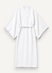 White kimono traditional soft textured robe with classic kimono style design and matching belt front view