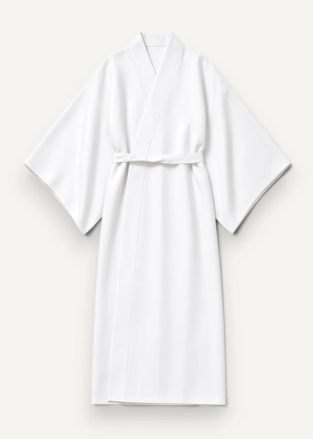 White kimono traditional soft textured robe with classic kimono style design and matching belt front view