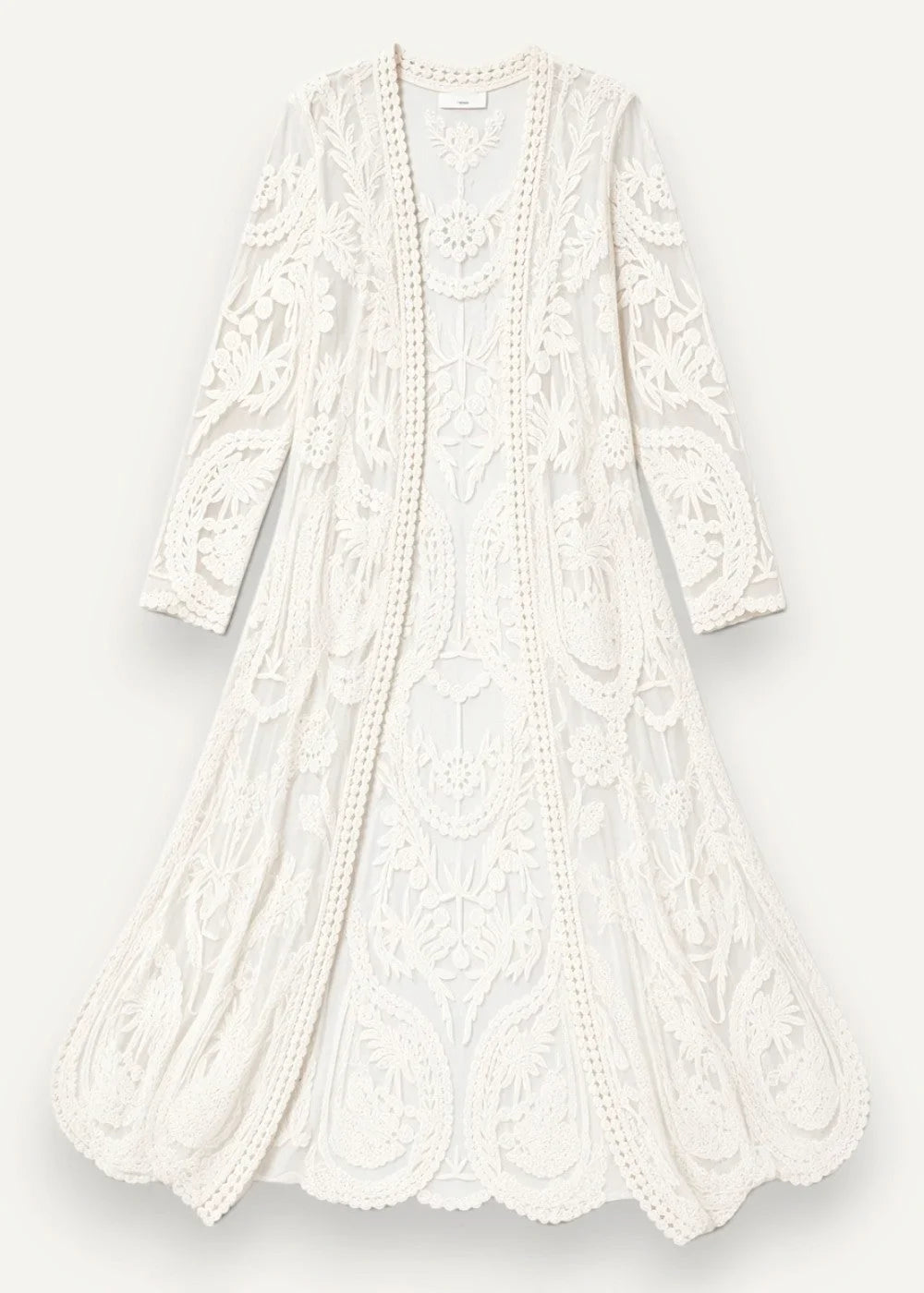 White lace kimono ivory lace cardigan with intricate floral paisley patterns three quarter sleeves and scalloped hem