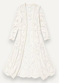 White lace kimono ivory lace cardigan with intricate floral paisley patterns three quarter sleeves and scalloped hem