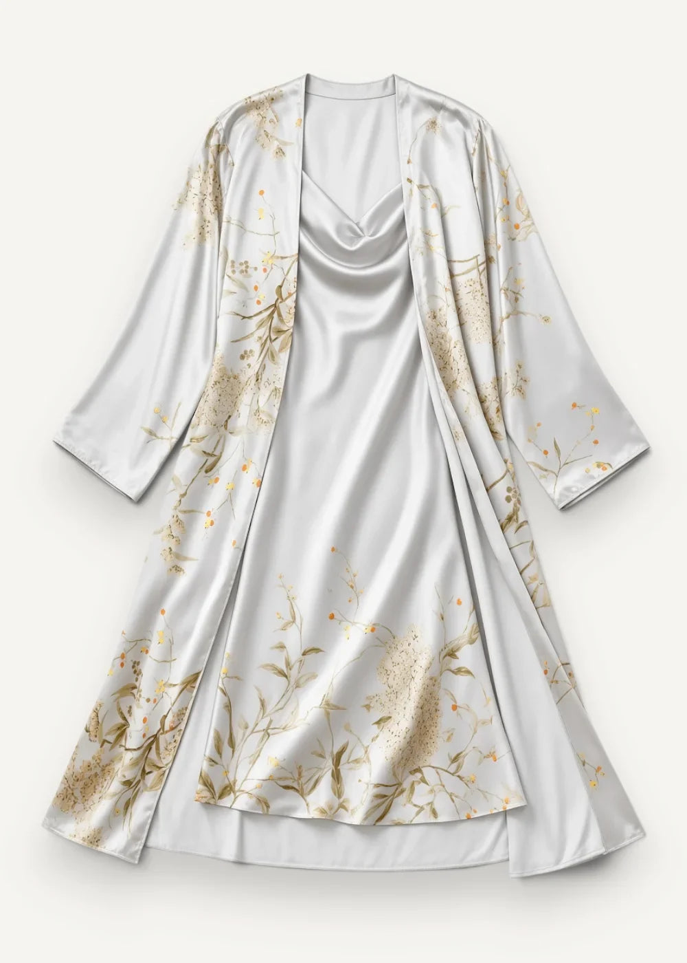 White satin robe with delicate gold floral embroidery featuring a v-neckline and three-quarter length sleeves