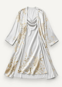 White satin robe with delicate gold floral embroidery featuring a v-neckline and three-quarter length sleeves