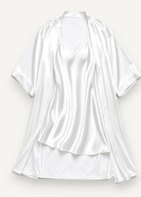 White satin nightgown and robe with short sleeves and a flowing draped design for elegant comfort