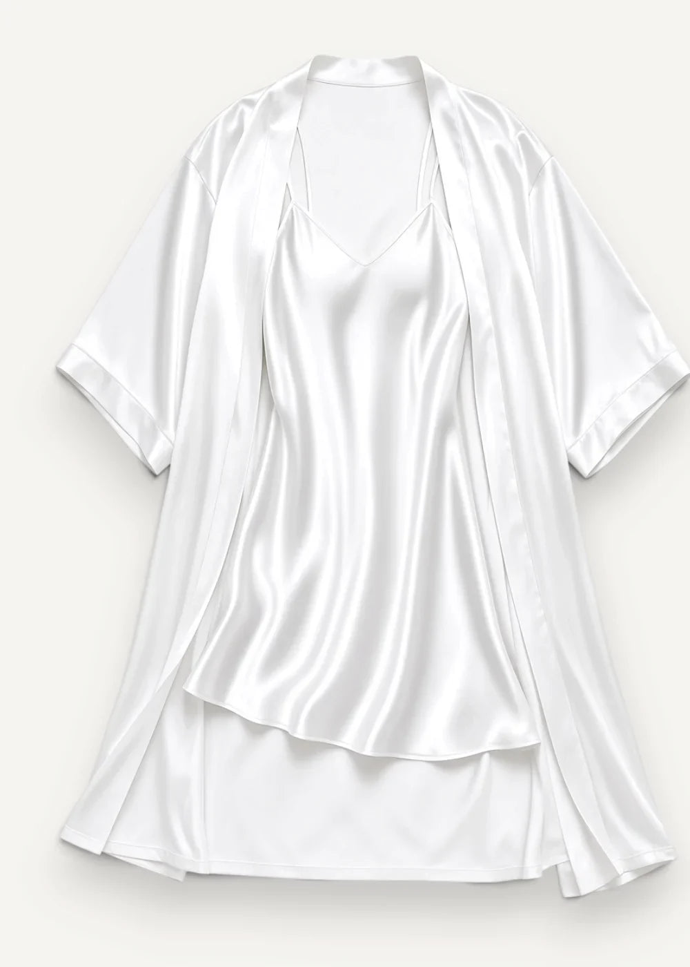 White satin nightgown and robe with short sleeves and a flowing draped design for elegant comfort