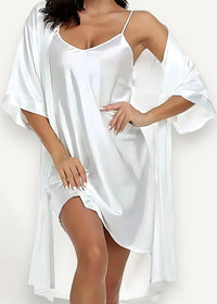 White satin nightgown with wide flowing sleeves and a high slit made of smooth satin fabric for elegant comfort