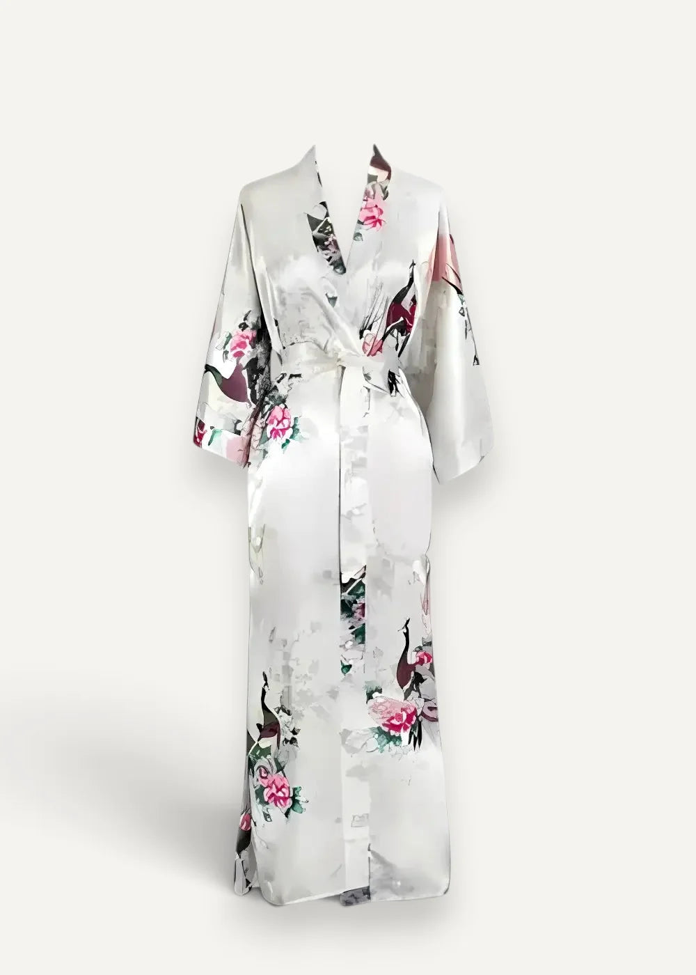 White silk robe in satin with pink black and green floral and peacock pattern shown from the back side