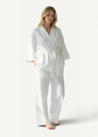 White women’s kimono pajamas in satin with a self-tie belt and matching wide-leg pants