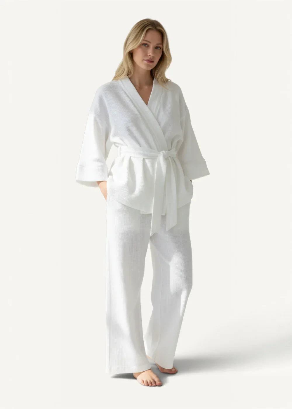 White women’s kimono pajamas in satin with a self-tie belt and matching wide-leg pants