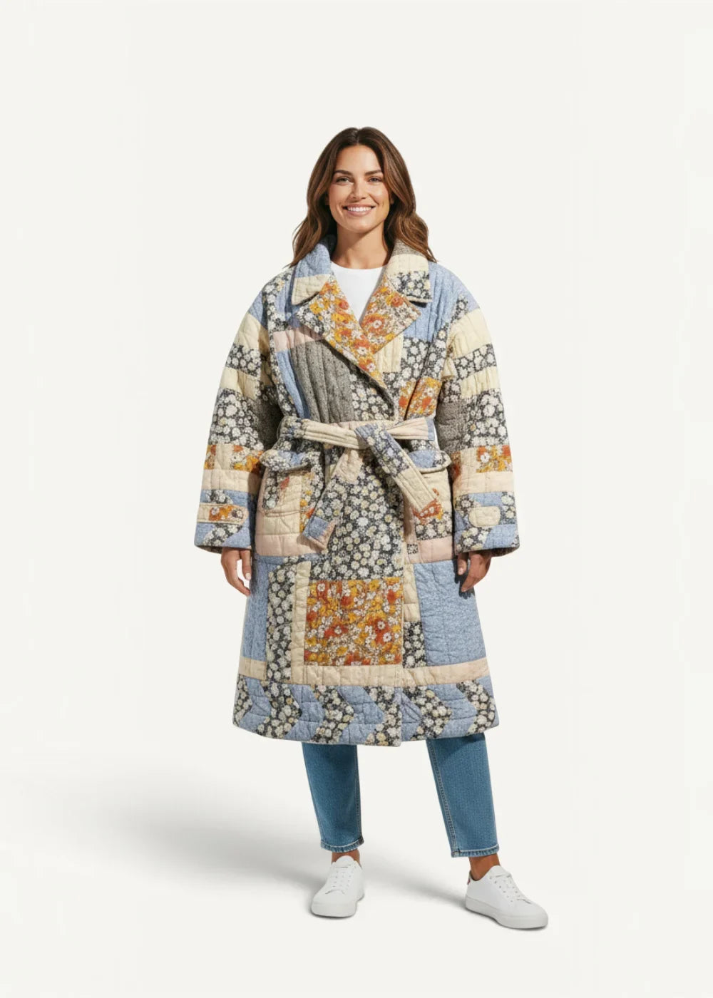 Winter kimono cozy patchwork quilted coat in soft blues creams floral patterns with matching belt for cold weather