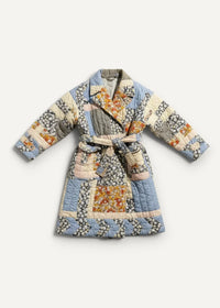 Winter kimono quilted patchwork robe in soft blues creams floral patterns with matching belt for cozy wear