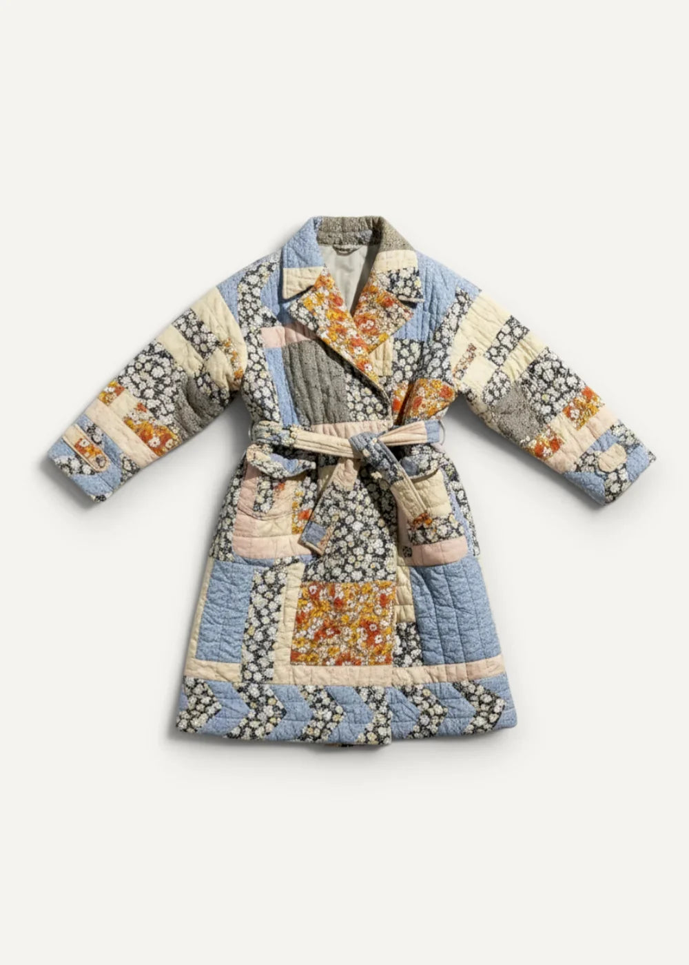 Winter kimono quilted patchwork robe in soft blues creams floral patterns with matching belt for cozy wear