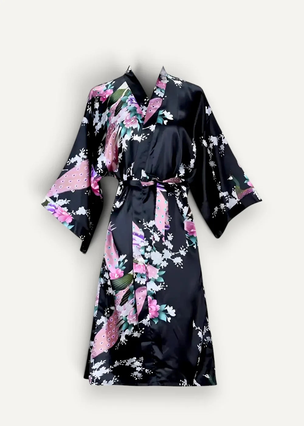 Women’s black satin robe with pink and white floral pattern and matching belt for elegant loungewear