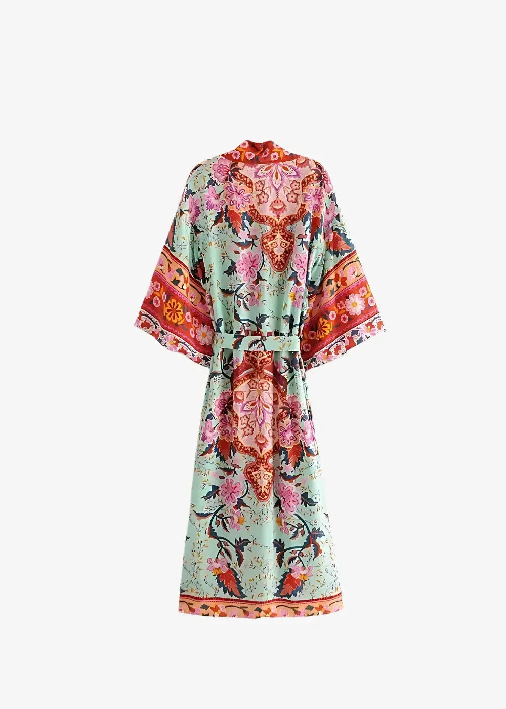 Women’s boho kimono mint green robe with vibrant pink floral paisley pattern wide sleeves and matching belt