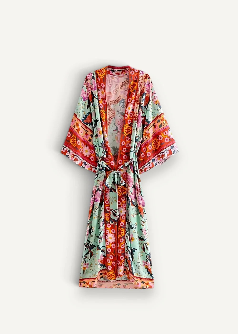 Women’s boho kimono with a vibrant flowing robe featuring bold floral patterns in pink orange and mint green
