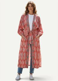 Women’s duster kimono in coral with cream and teal botanical pattern and long sleeves in a lightweight fabric