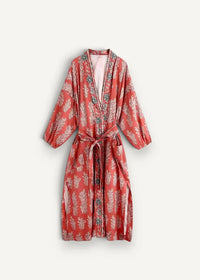 Women’s duster kimono coral-colored robe with delicate floral pattern and embroidered details along front placket