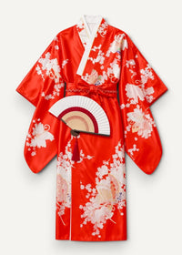 Women’s floral satin robe in vibrant red with white and blush floral patterns and a white obi belt bow