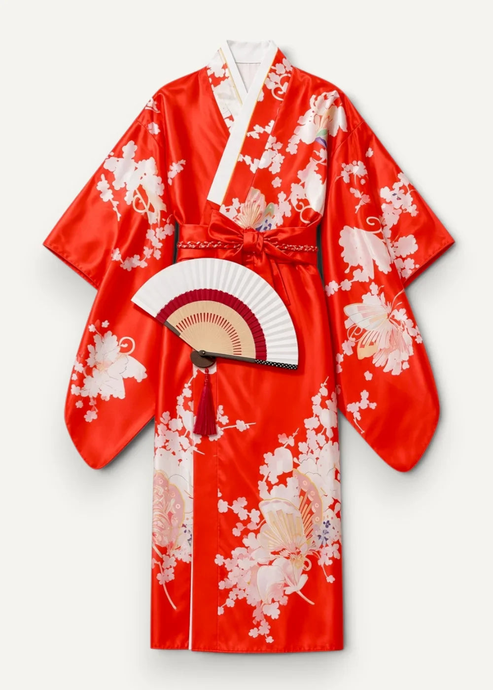Women’s floral satin robe in vibrant red with white and blush floral patterns and a white obi belt bow