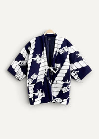 Women’s haori navy blue kimono with white rope and mythical creature patterns shown from the back side