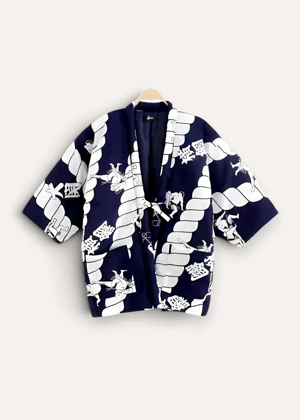 Women’s haori navy blue kimono with white rope and mythical creature patterns shown from the back side