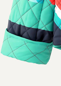 Women’s kimono jacket sleeve in teal and black quilted fabric with diagonal stitching for stylish warmth