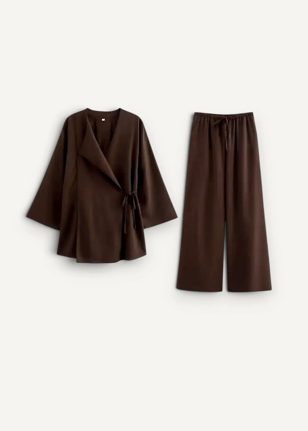 Women’s kimono pants set with a sleek chocolate brown wrap top featuring wide sleeves and a matching drawstring waistband