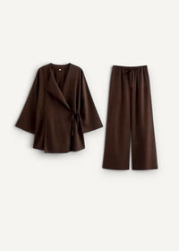 Women’s kimono pants set with a sleek chocolate brown wrap top featuring wide sleeves and a matching drawstring waistband