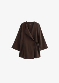 Women’s kimono pants set featuring a sleek dark brown wrap-style top with wide sleeves and tied waistband