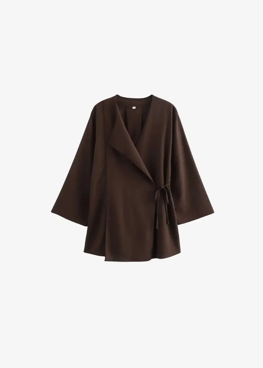 Women’s kimono pants set featuring a sleek dark brown wrap-style top with wide sleeves and tied waistband