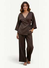 Women’s kimono pants set featuring a soft chocolate brown satin wrap top with three quarter sleeves and drawstring belt