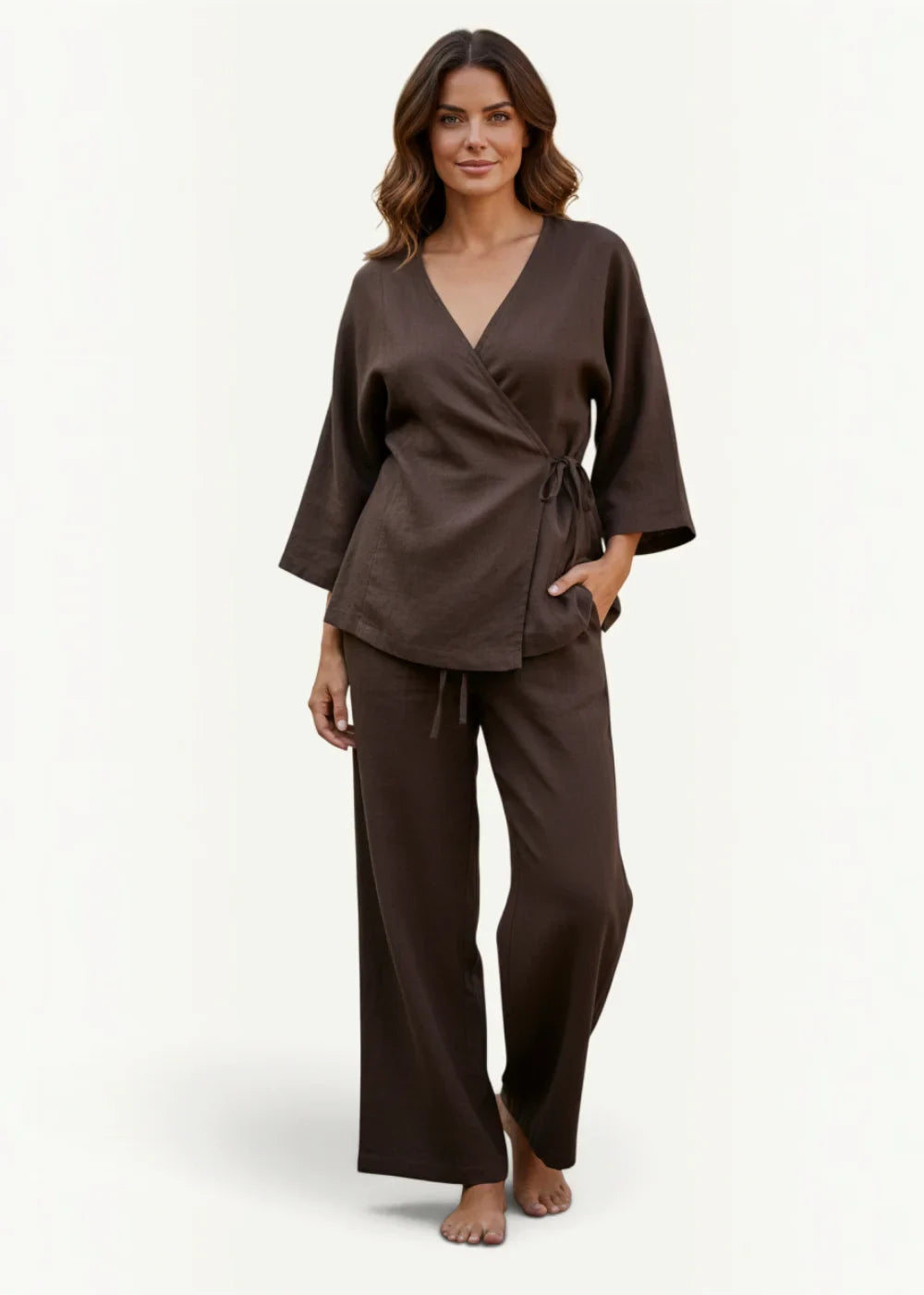 Women’s kimono pants set featuring a soft chocolate brown satin wrap top with three quarter sleeves and drawstring belt