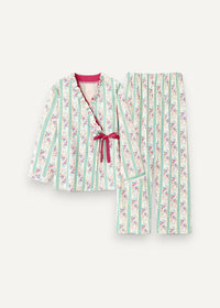 Women’s kimono set featuring a soft long-sleeved pajama with mint green and cream stripes and pink floral patterns