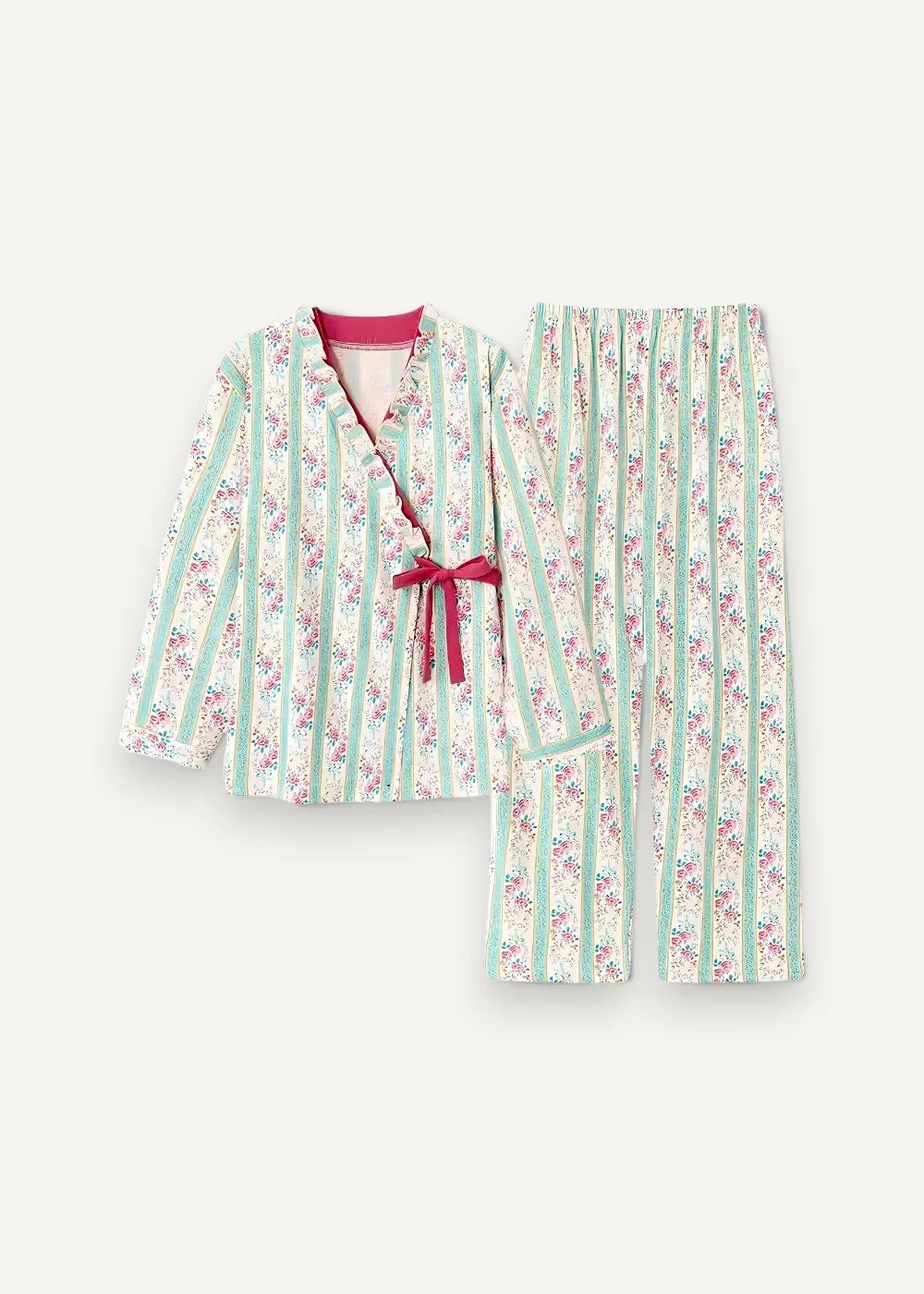 Women’s kimono set featuring a soft long-sleeved pajama with mint green and cream stripes and pink floral patterns