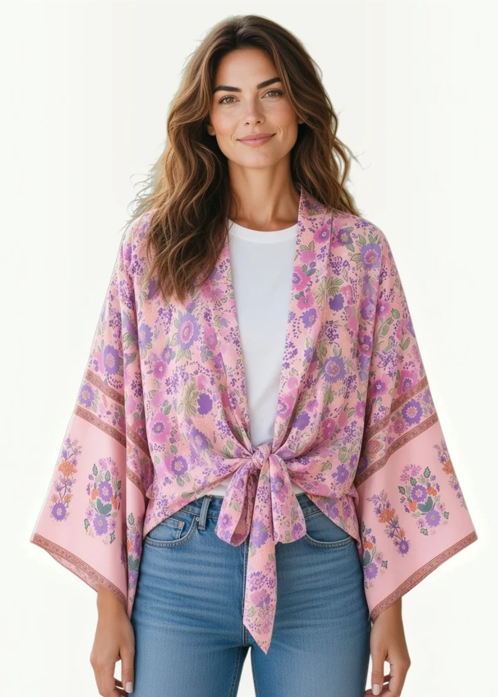 Women’s kimono top soft pink floral tie-front design with delicate purple and green blossoms along edges