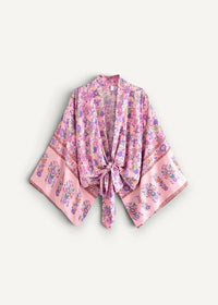 Women’s kimono top soft pink floral design with matching tie-front closure and delicate purple sleeve accents