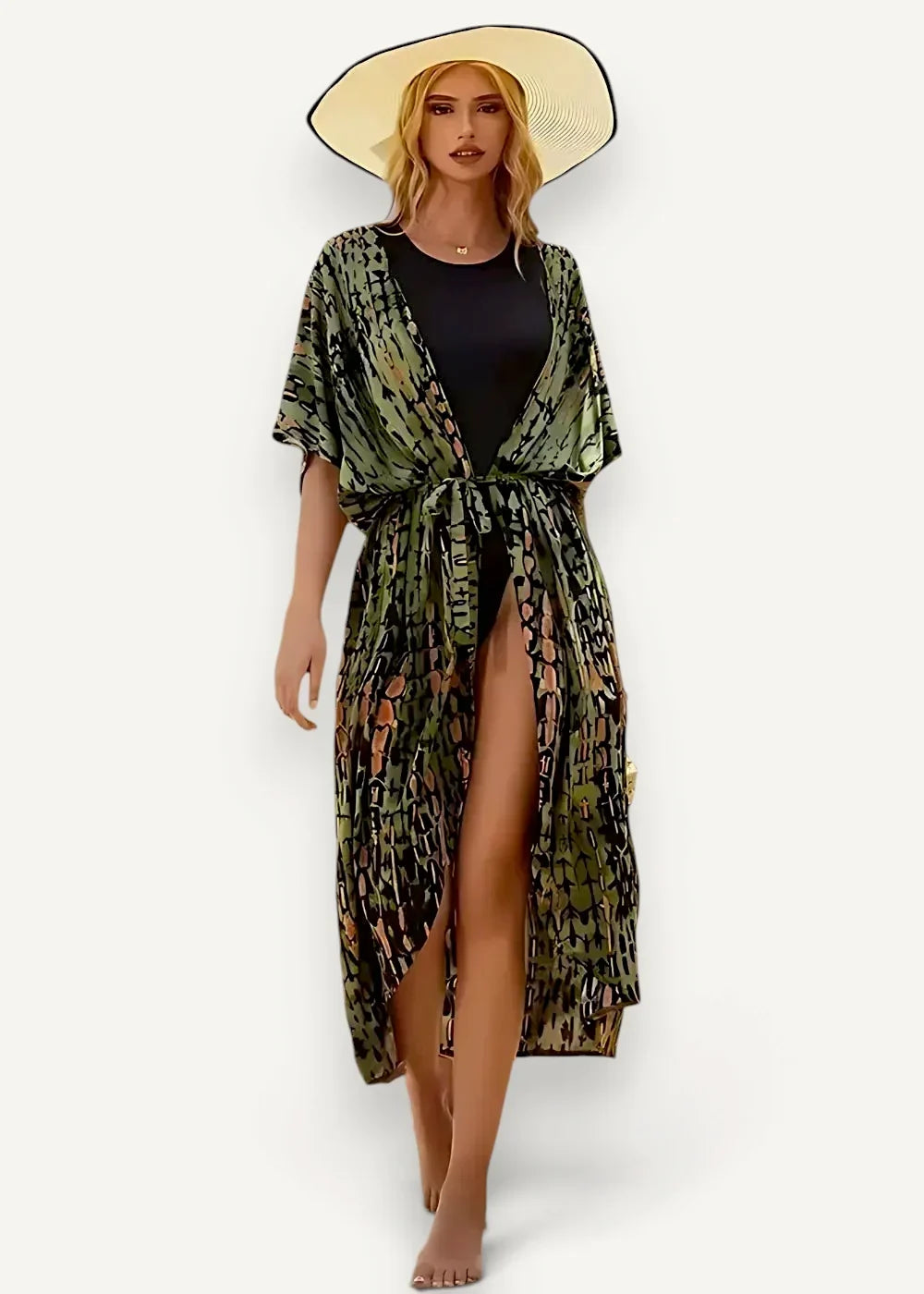 Women’s long chiffon kimono duster in olive green and brown with abstract pattern and side slit for flowy style