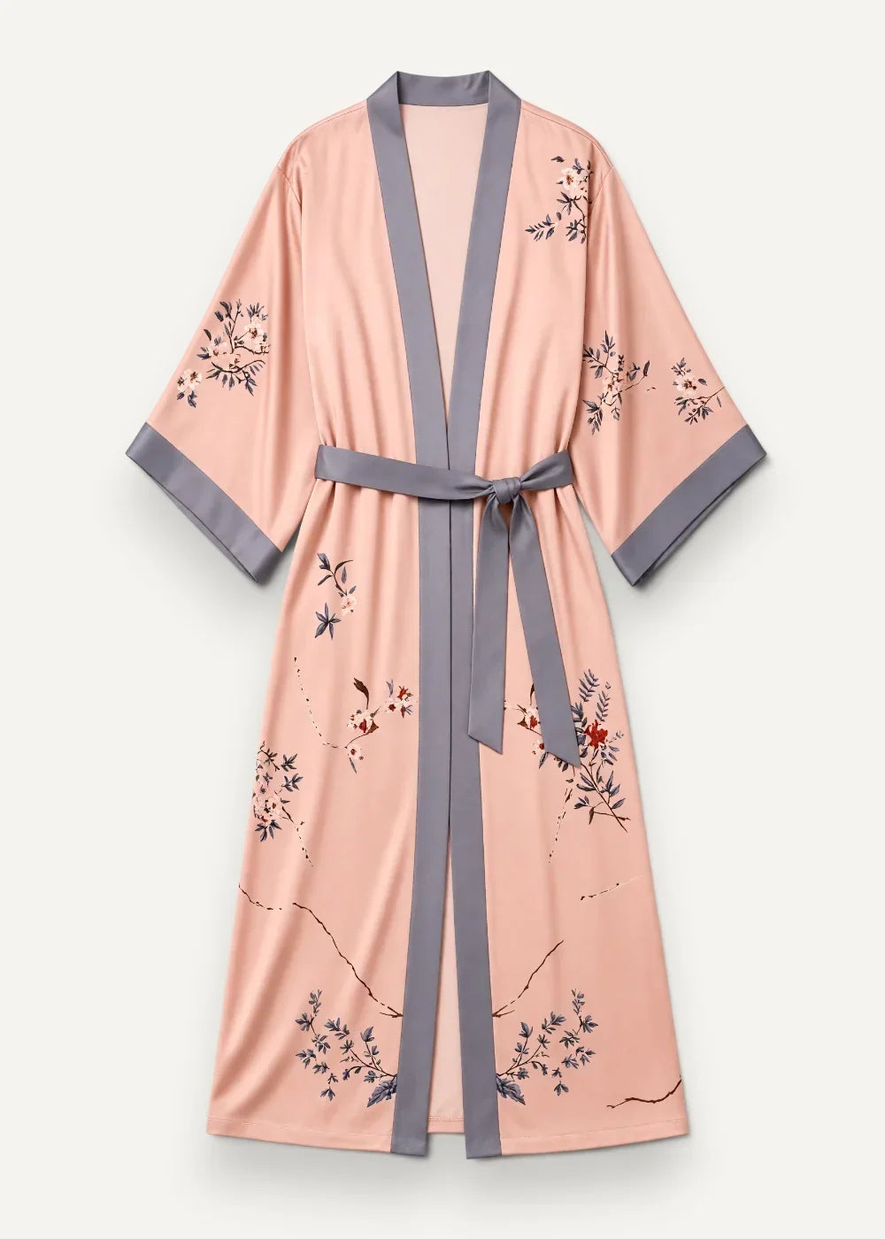 Women’s long kimono robe in soft peach silk with black and red floral embroidery and gray satin belt and trim