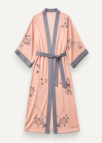Women’s long kimono robe in soft peach silk with black and red floral embroidery and gray satin belt and trim